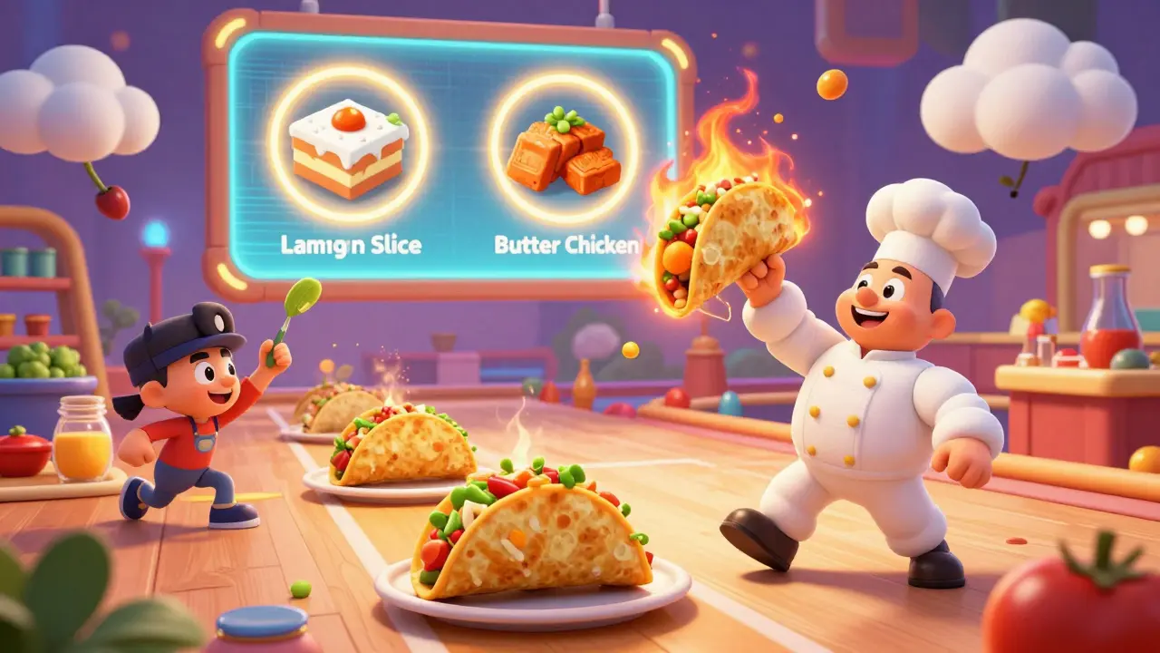 Characters race to cook tacos in a vibrant NFT mini-game arena, with celebrity chef dishes glowing on a holographic leaderboard.