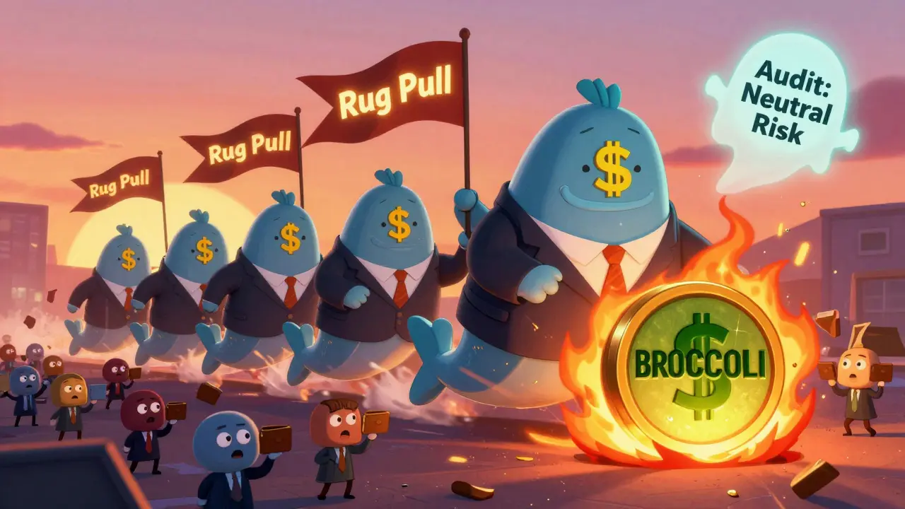 Crypto whales sneaking away from a burning token contract as confused investors hold empty wallets.