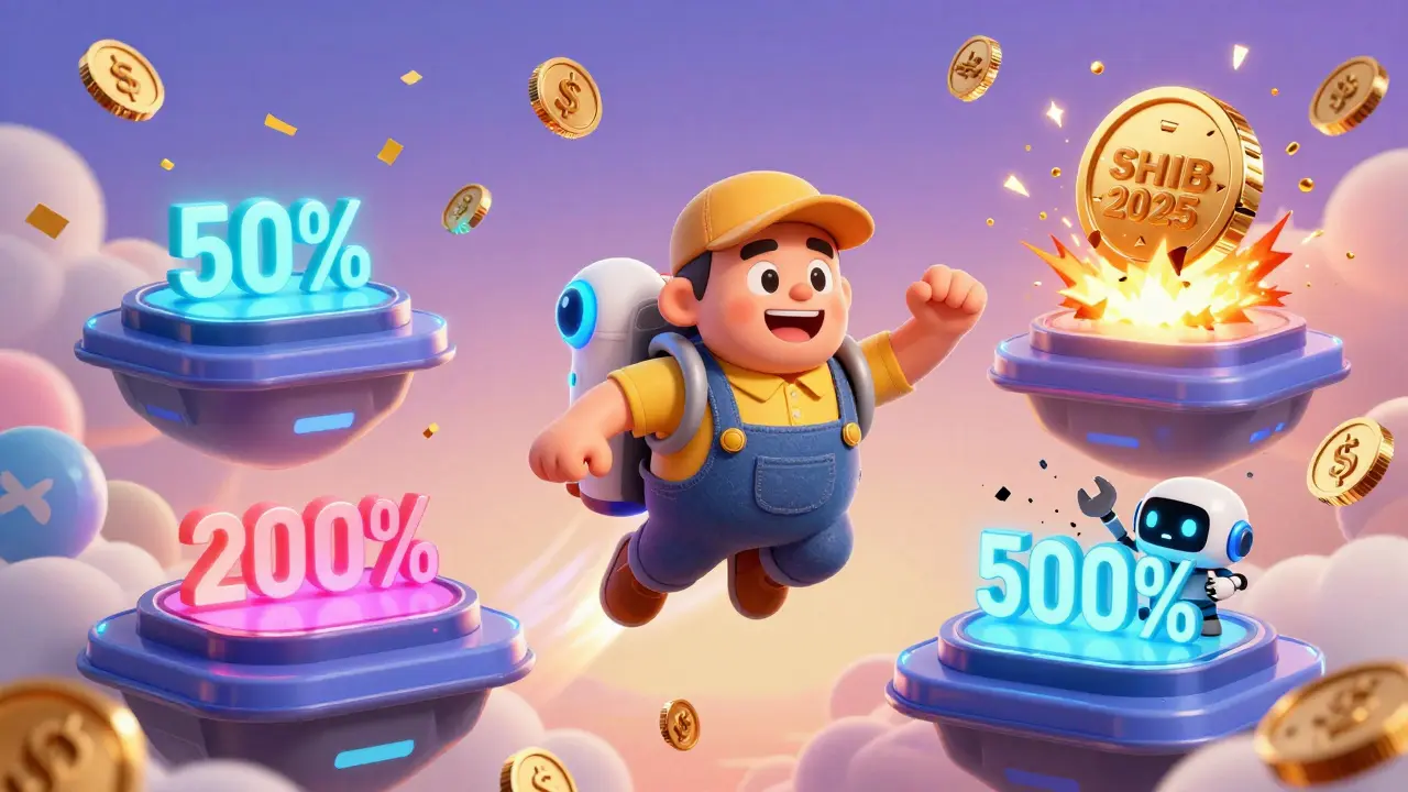 Energetic farmer zips between DeFi platforms chasing high APYs as a token explodes behind.