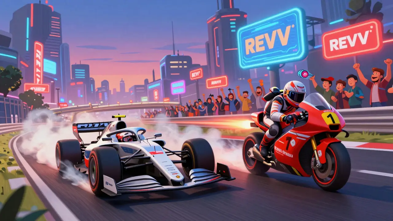 F1 and MotoGP cars racing on a neon-lit track, leaving trails of REVV tokens as fans cheer in the background.