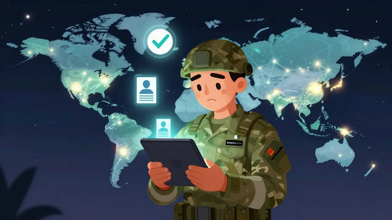 Soldier voting overseas with global blockchain nodes lighting up behind them.