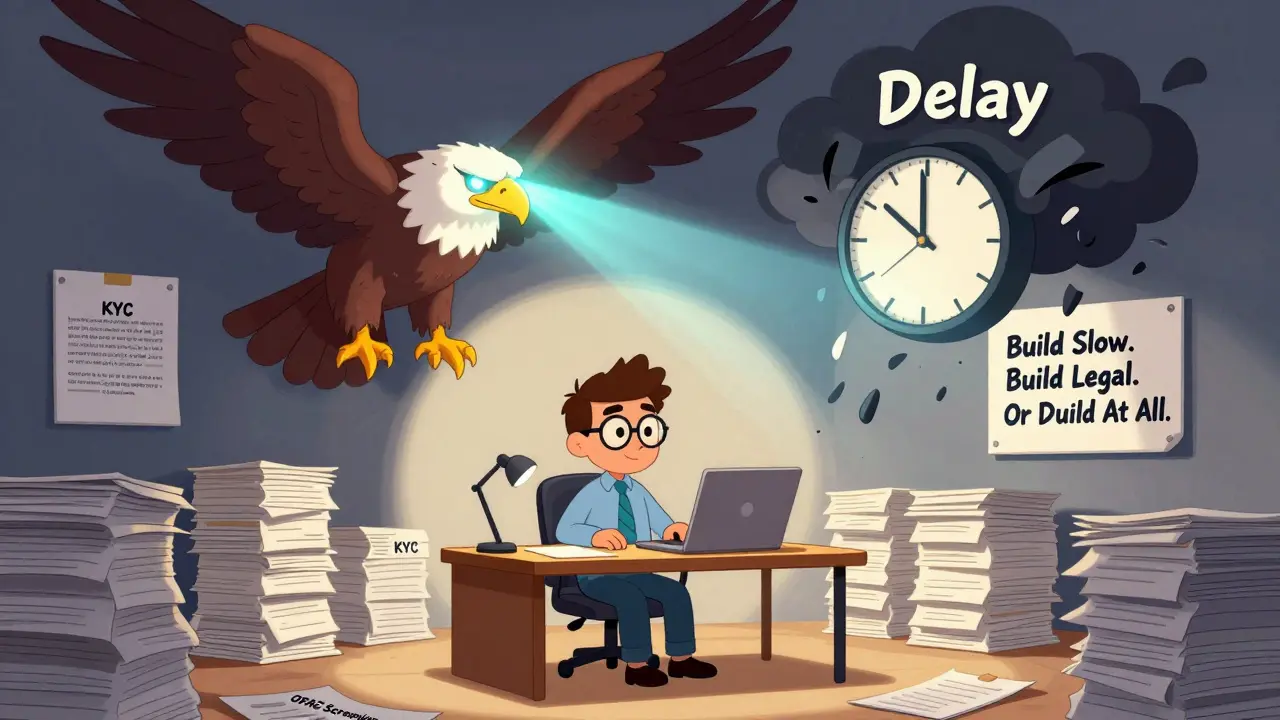 Startup founder surrounded by compliance documents as an SEC eagle watches with a ticking clock.