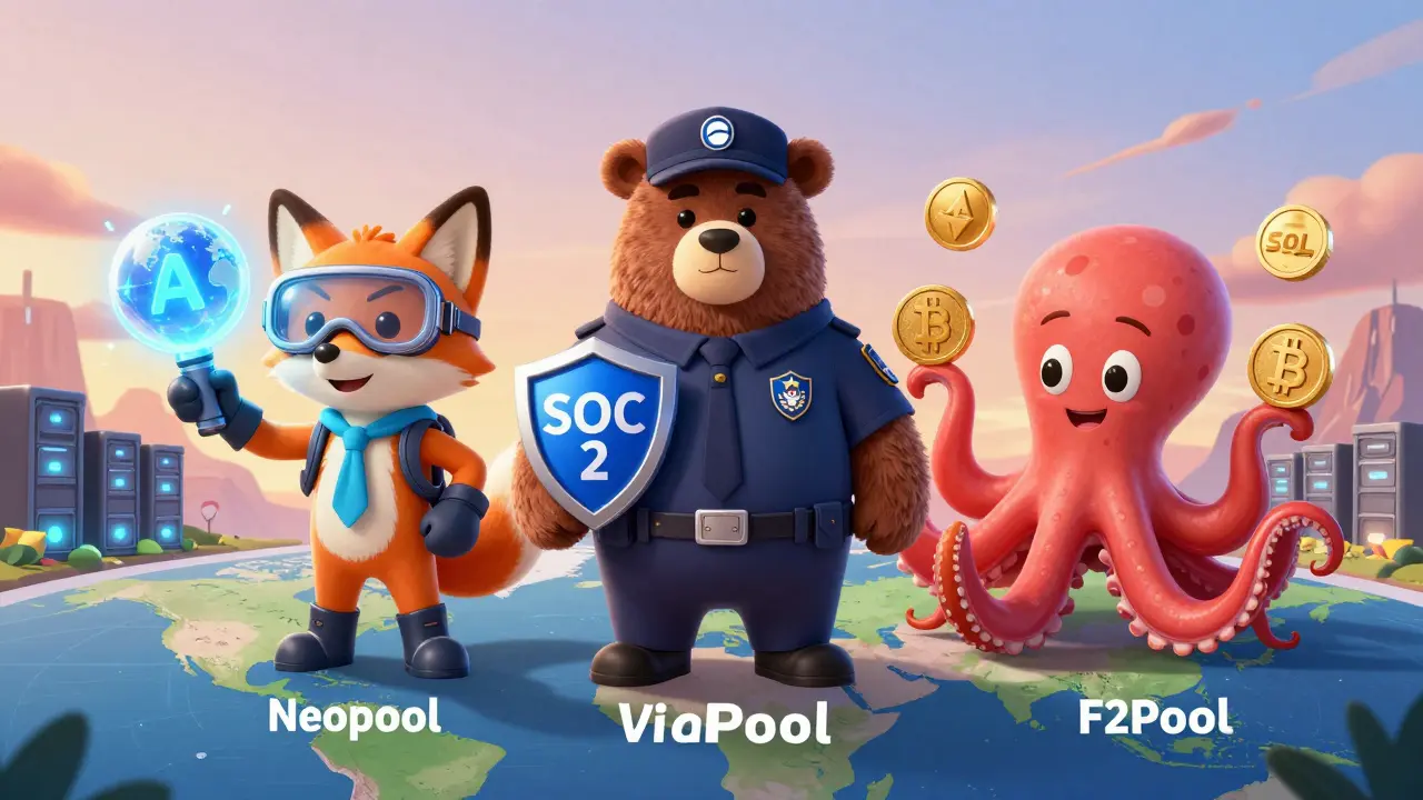 Three cartoon mining pools as characters: a fox, bear, and octopus, standing on a world map with glowing server locations.
