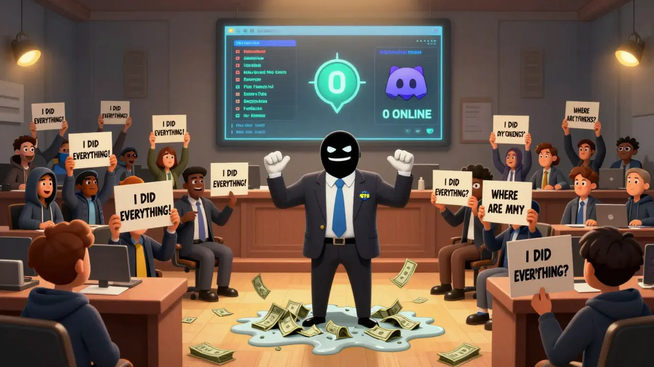 Users in a courtroom protesting as a faceless developer melts into cash.