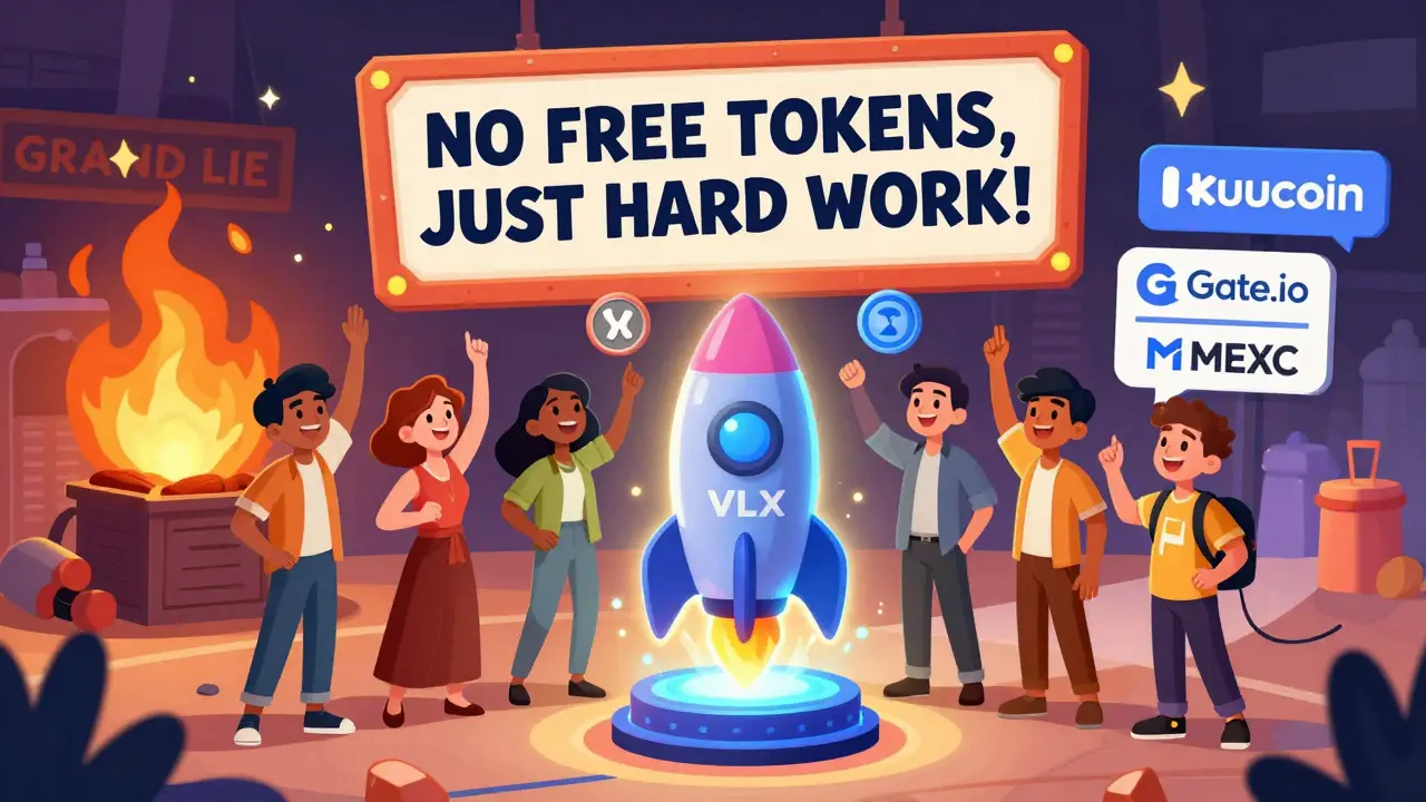 Users staking VLX on a rocket-shaped node while scam websites burn in the background.