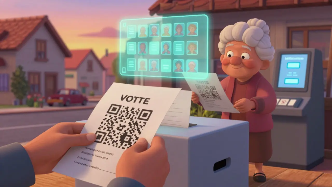 Voter holding paper receipt while a digital blockchain chain glows above.