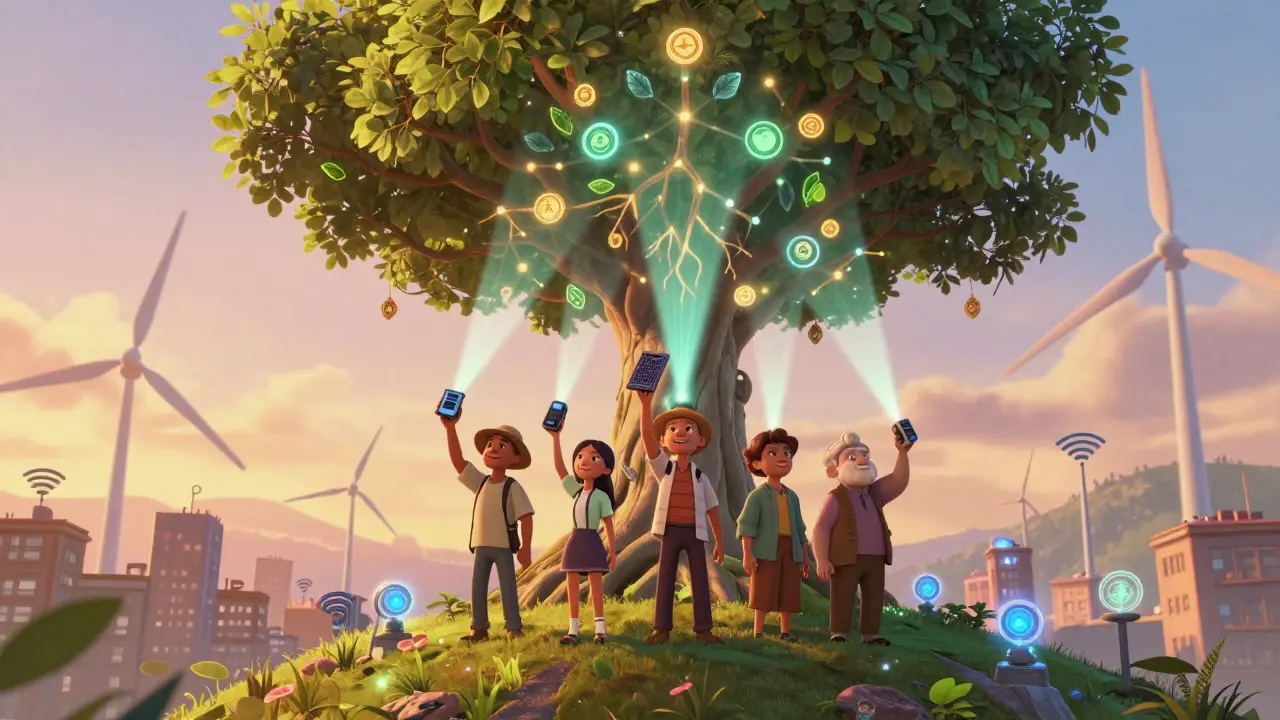 A diverse group stands beneath a glowing tree made of blockchain roots and token leaves, symbolizing decentralized infrastructure.
