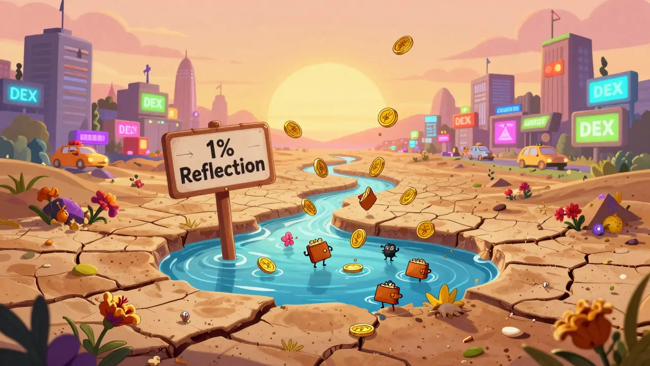 A dry liquidity pool with wilting flowers beneath a '1% Reflection' sign, while other DEXs glow brightly in the distance.