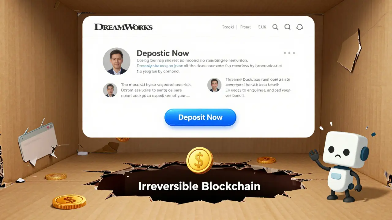 A fake crypto website made of cardboard crumbles as coins fall into a void, with a broken chatbot waving helplessly.