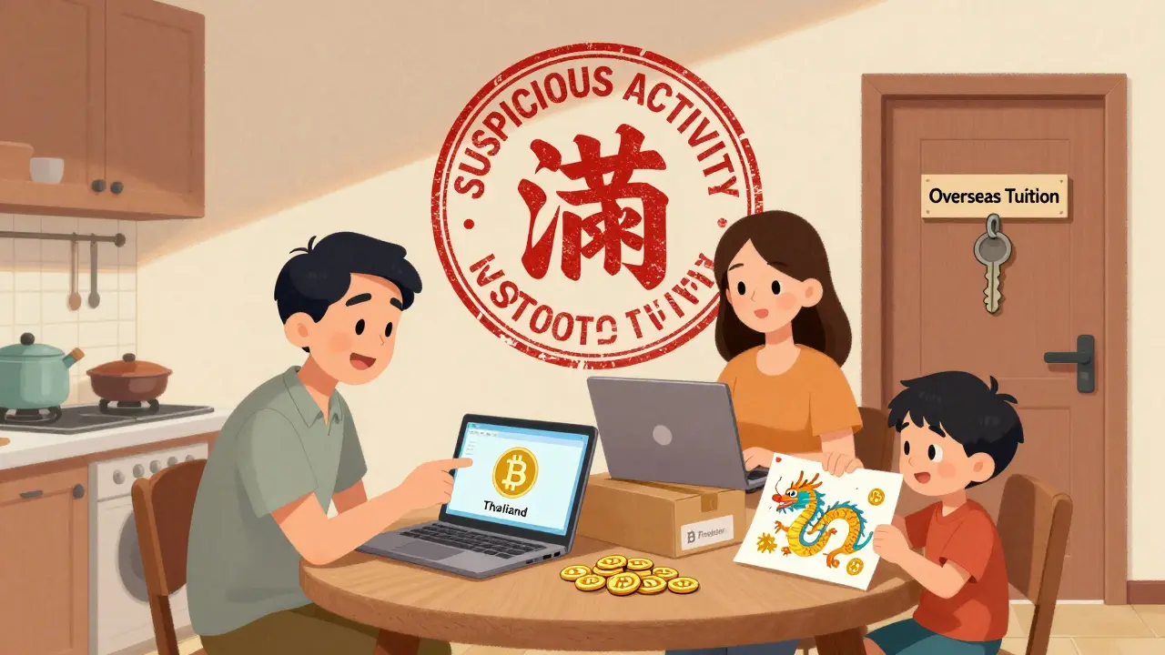 A family uses a shipped laptop to move money abroad, while a shadowy bank stamp looms behind them.