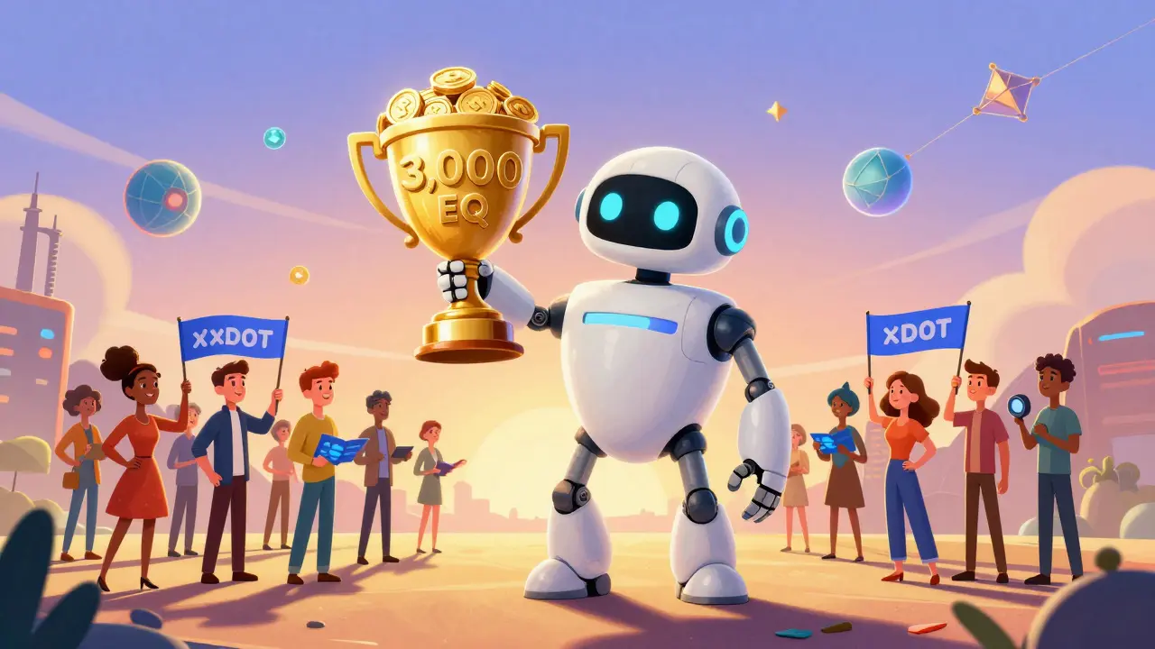 A friendly robot and crowd celebrate EQ tokens beneath floating blockchain bridges at sunset.