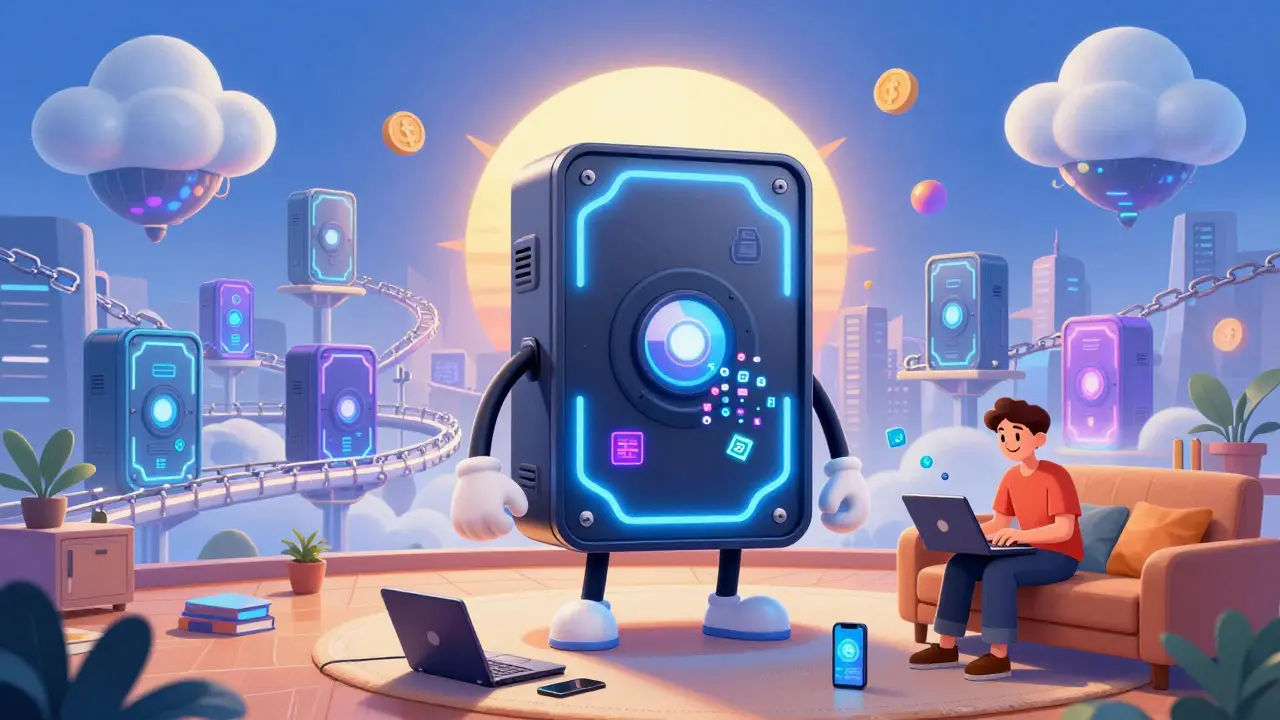 A friendly storage drive with arms storing data particles, surrounded by a cloud city made of blockchain chains.