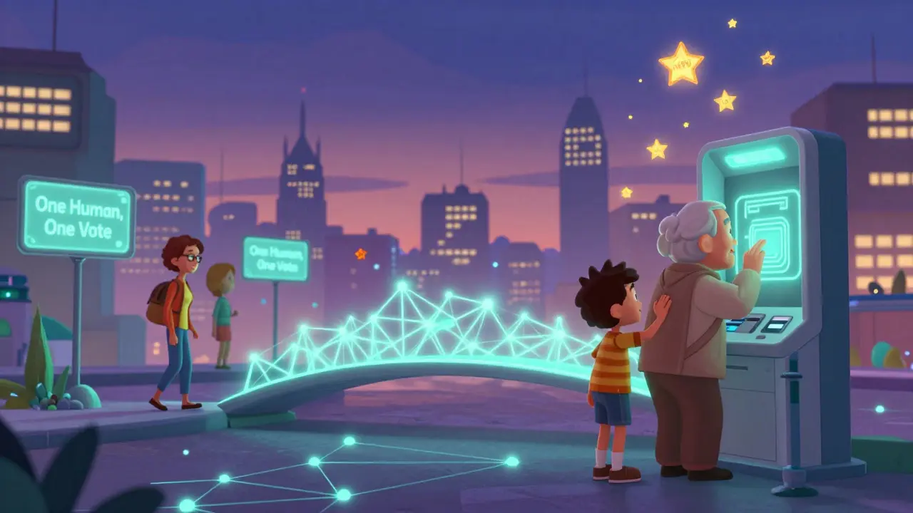 A futuristic city with citizens using biometric kiosks under glowing 'One Human, One Vote' signs at twilight.