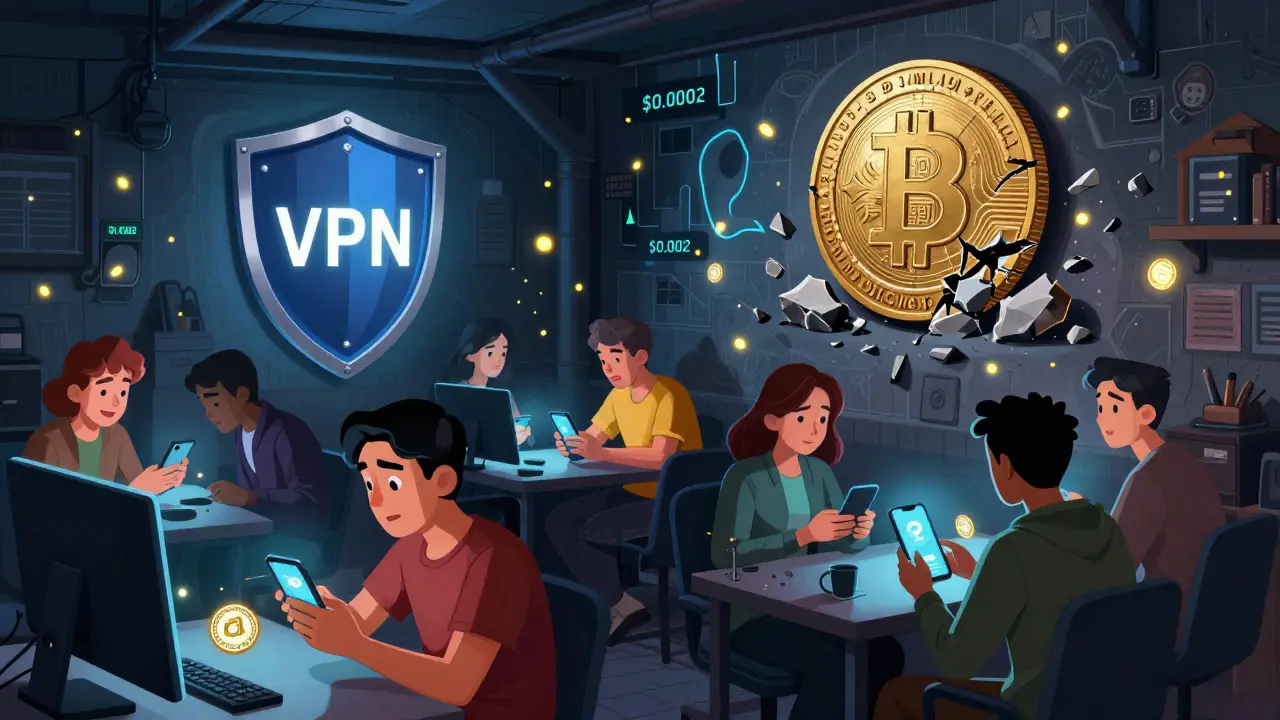 A group of people in a basement exchanging crypto via Telegram bots, with a mural showing the digital rial being crushed.