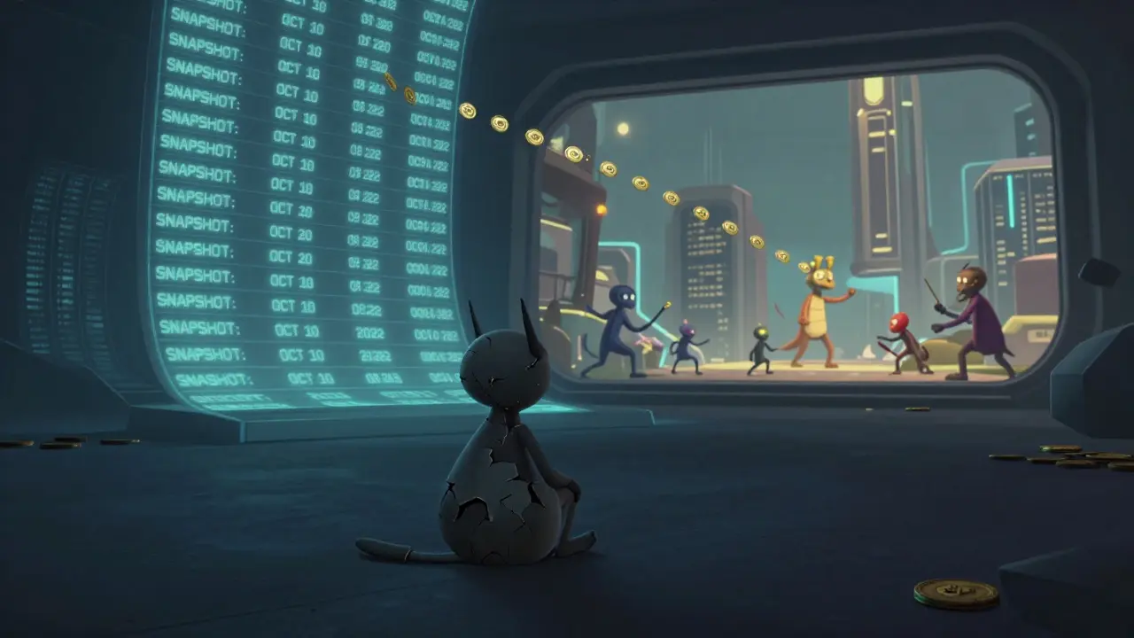 A lonely Metamon in a dark void, its potion cracked, as a metaverse city glows in the distance.