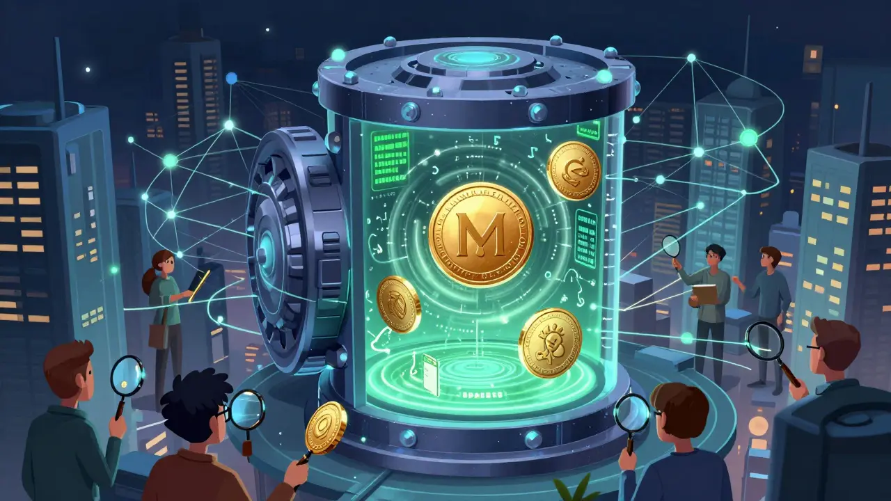A magical digital vault with Monero's privacy technologies glowing inside, while outsiders fail to trace transactions outside.
