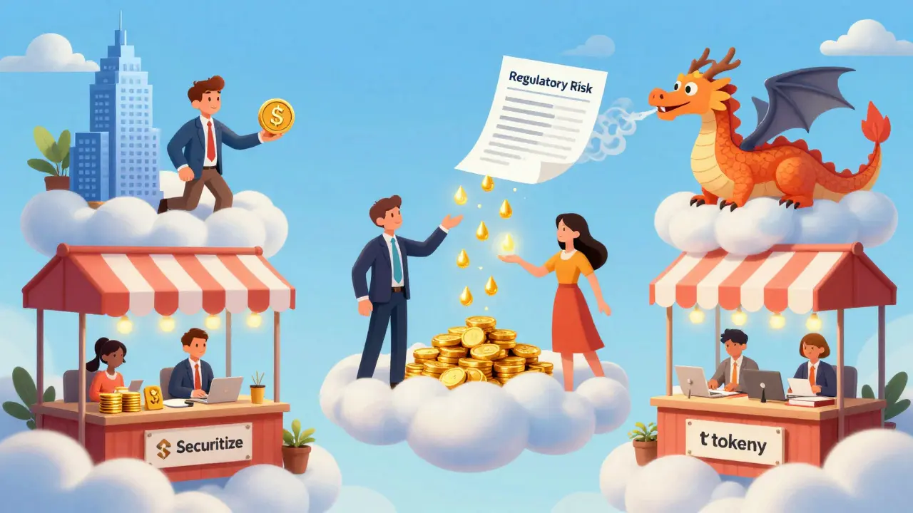 A magical marketplace where people trade tokenized assets, with dividends falling as golden rain and compliance dragons.