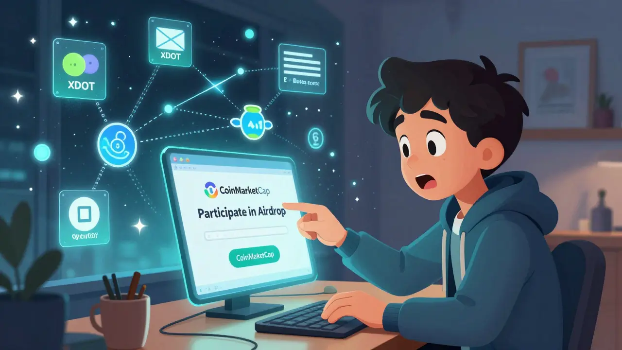 A person clicking an airdrop button as a magical DeFi ecosystem unfolds behind them.