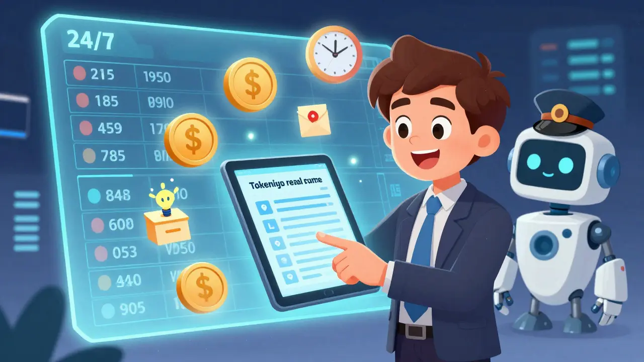 A person investing in tokenized real estate with animated icons of dividends and trading clocks around them.