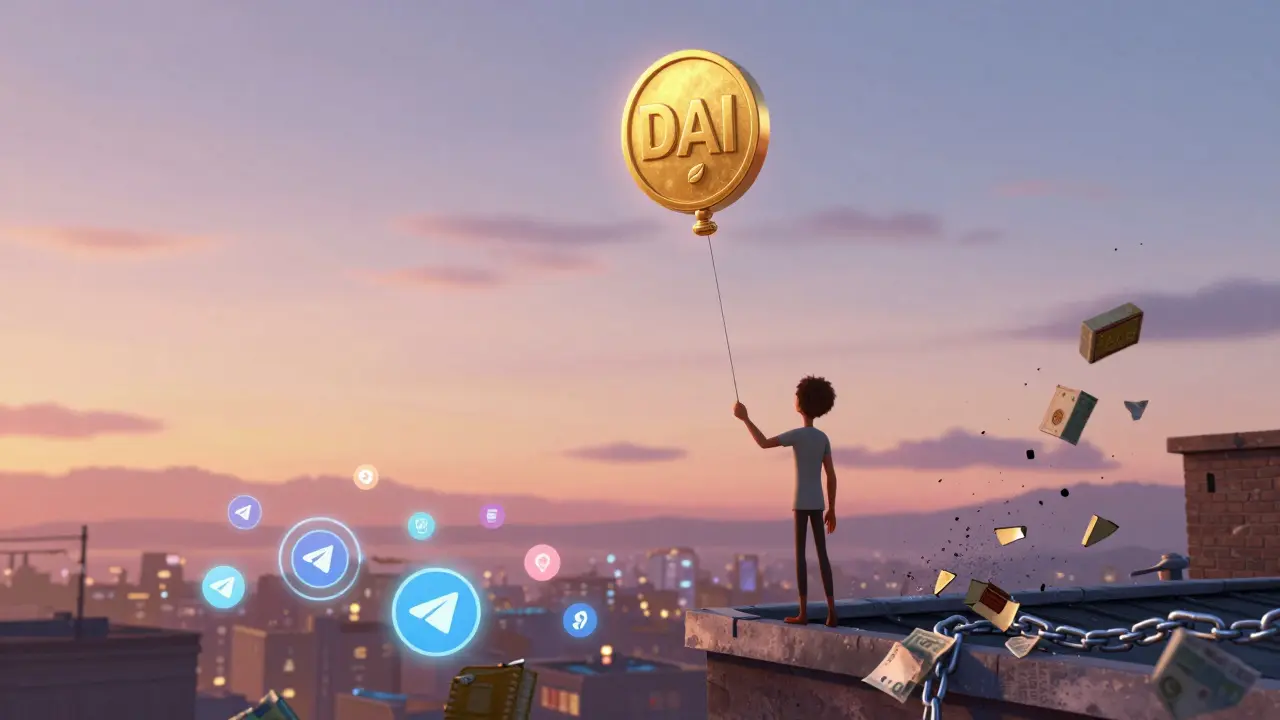 A person releasing a DAI token into the sky as government crypto blocks crumble below, symbolizing financial freedom.