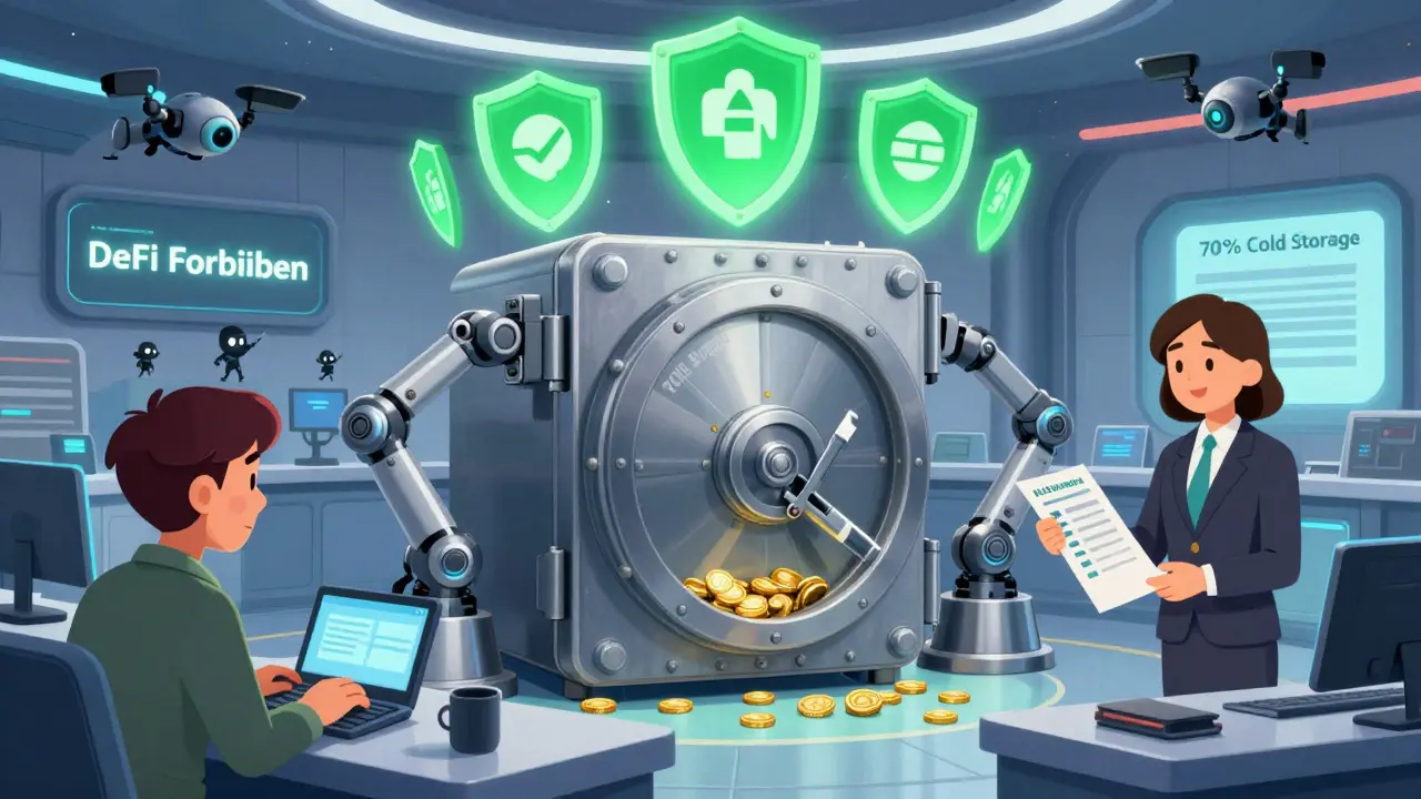 A secure crypto vault with cold storage and blocked DeFi access, guarded by bank tellers and security drones.