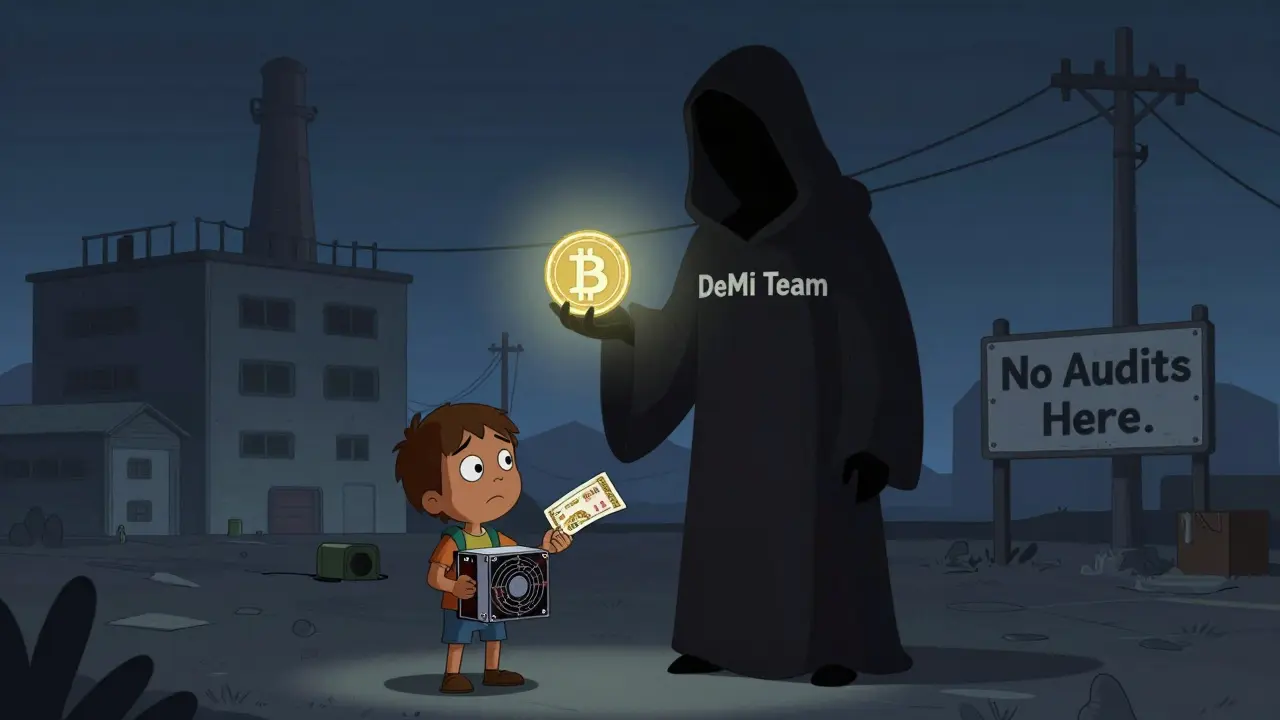 A shadowy figure offers a lottery ticket instead of real mining equipment, while empty factories loom behind.