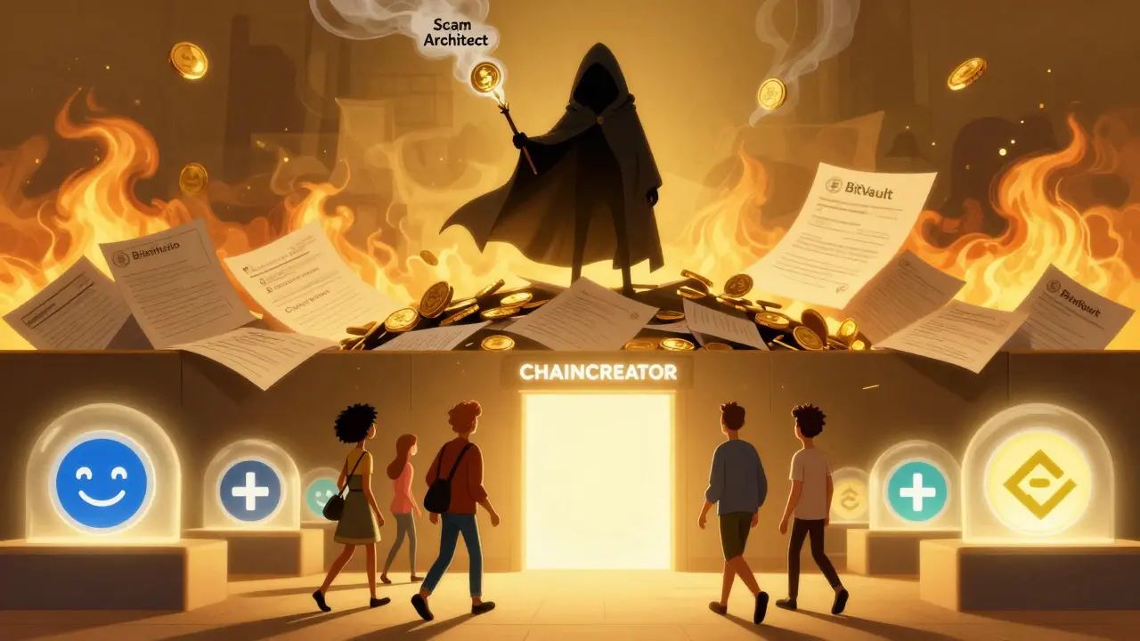 A shadowy scammer turns crypto into smoke while people walk away to trusted exchanges lit by golden light.