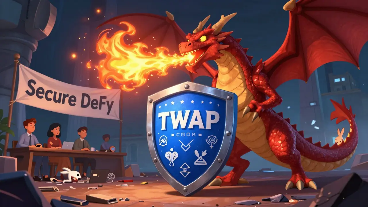 A shield of TWAP and multi-oracle defenses blocking a flash loan dragon, protecting secure DeFi users.
