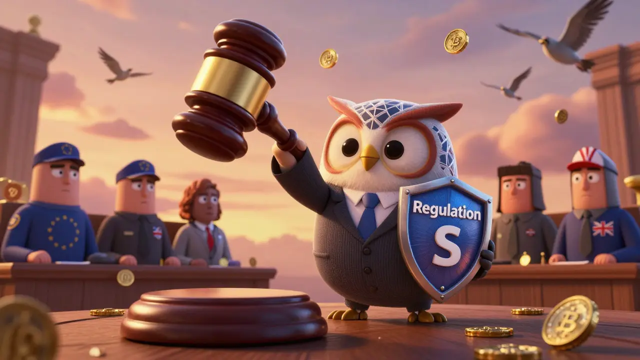 A sky courtroom with a crypto-wallet gavel, regulators watching as an owl-like Ondo mascot defends UNHon tokens.