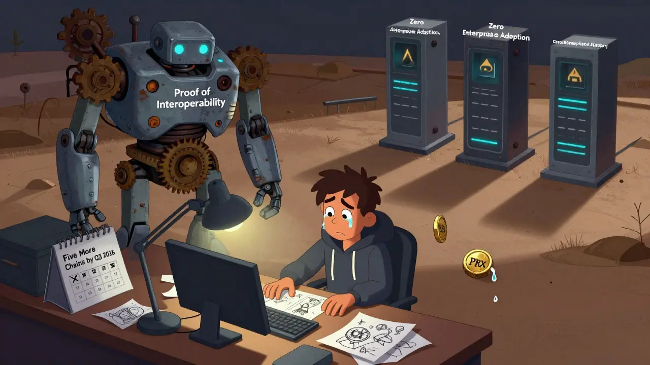 A tired developer surrounded by abandoned roadmap papers, with a broken interoperability robot in the background.