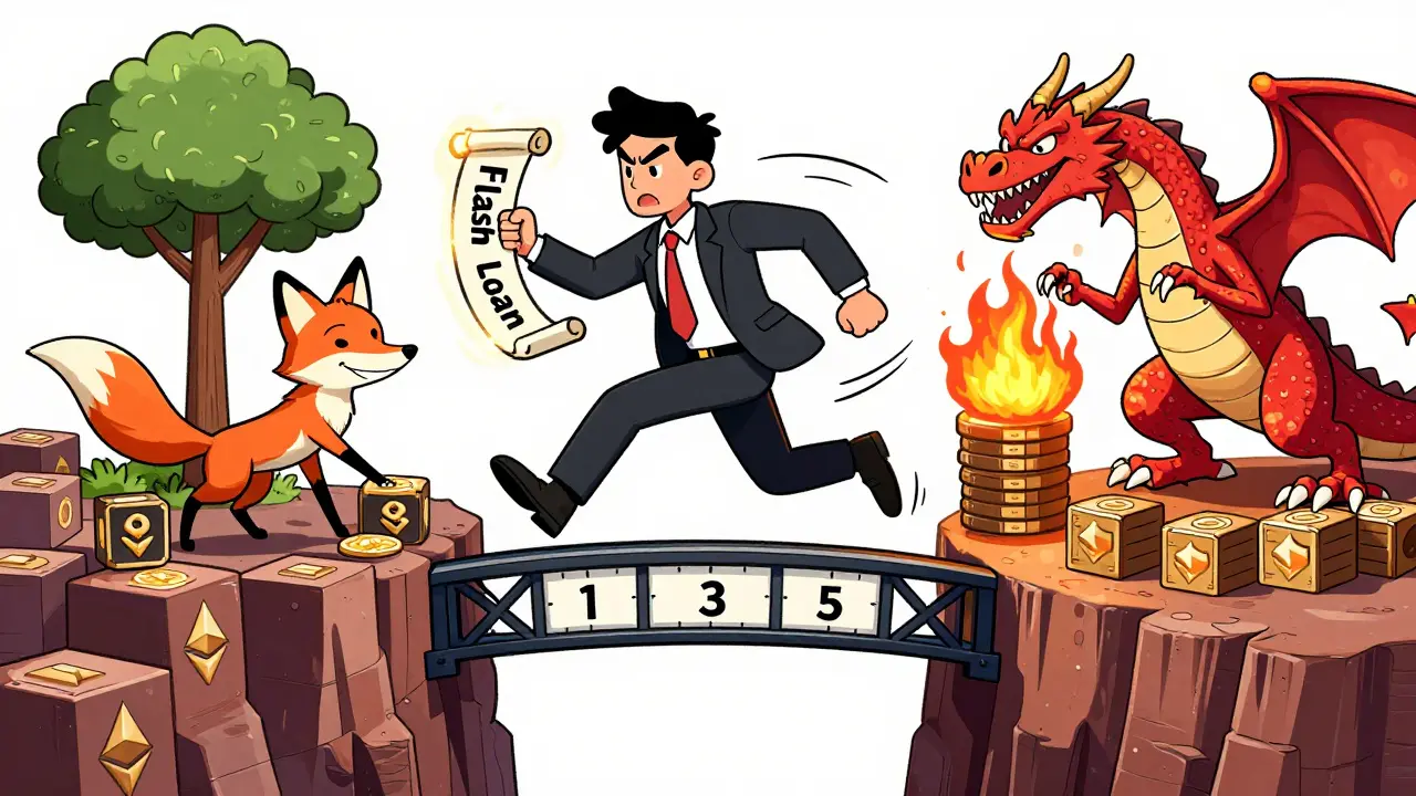 A trader racing across a ticking clock bridge while using a flash loan, chased by a liquidation dragon.
