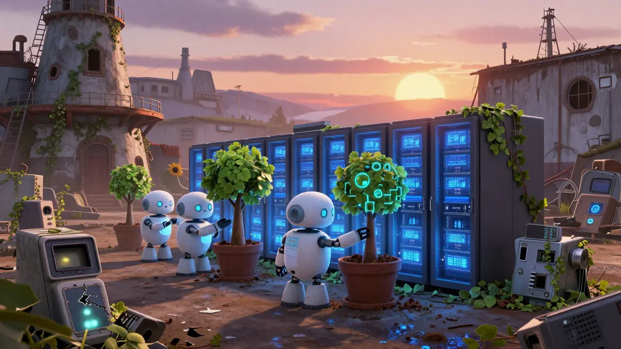 Abandoned mining facility being turned into an AI farm, with old rigs overgrown as sunrise shines through.