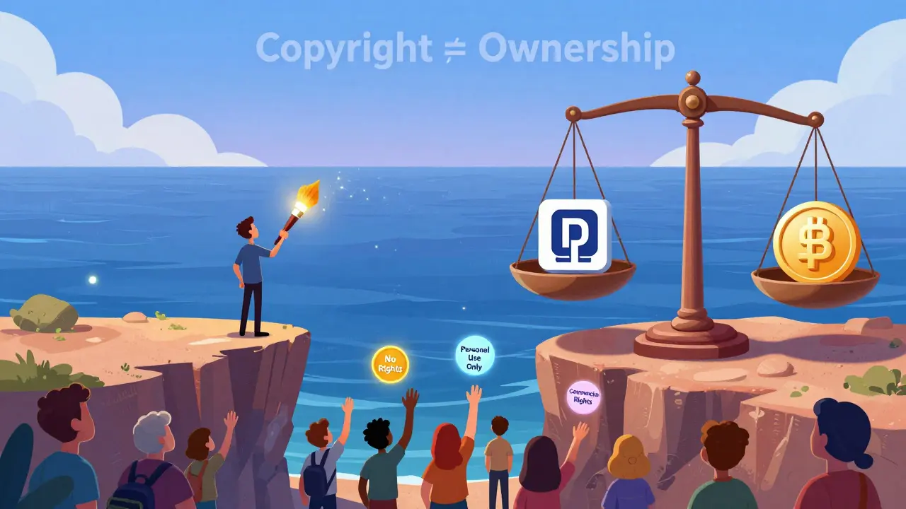 An artist creates NFT art as buyers reach for tokens labeled with different rights, under a scale showing copyright vs ownership.