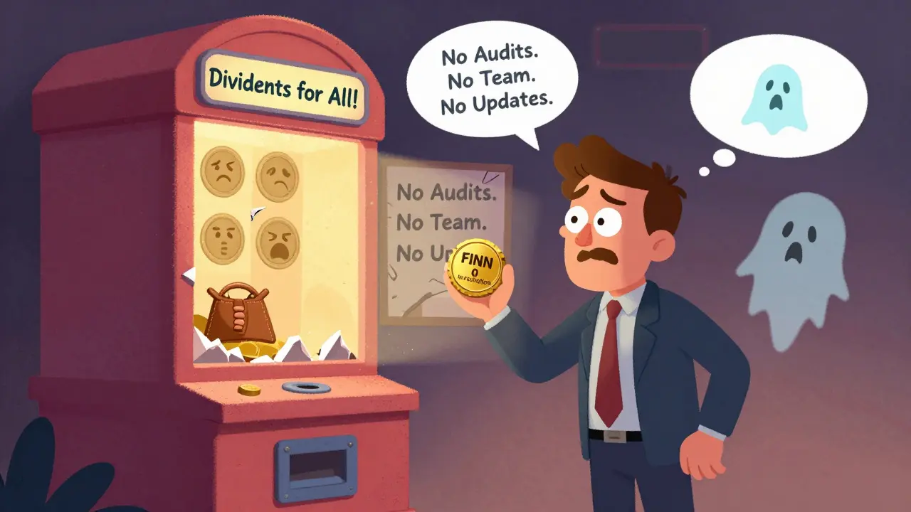 An investor stares at a broken reward machine labeled 'Dividends for All!' as crumbling signs show 'No Audits. No Team.'