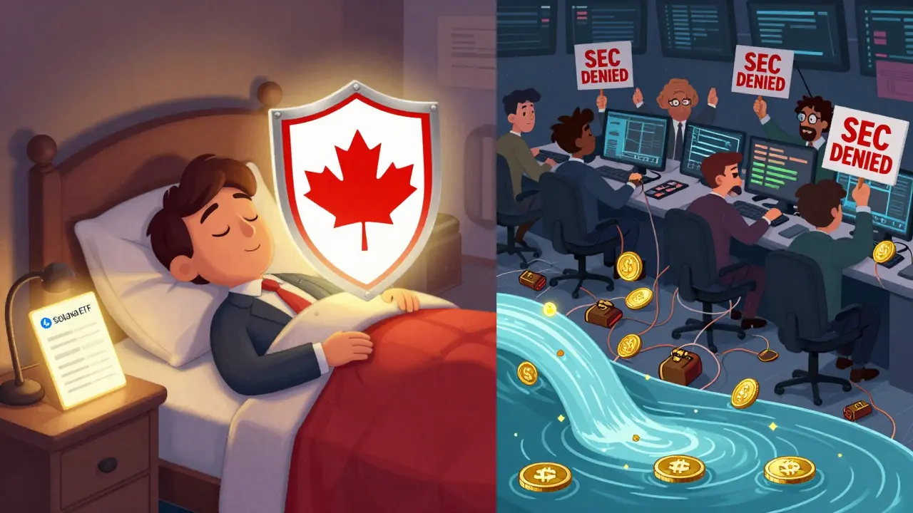 Canadian investor peacefully sleeping with Solana ETF statement, while U.S. traders struggle with denied crypto requests.