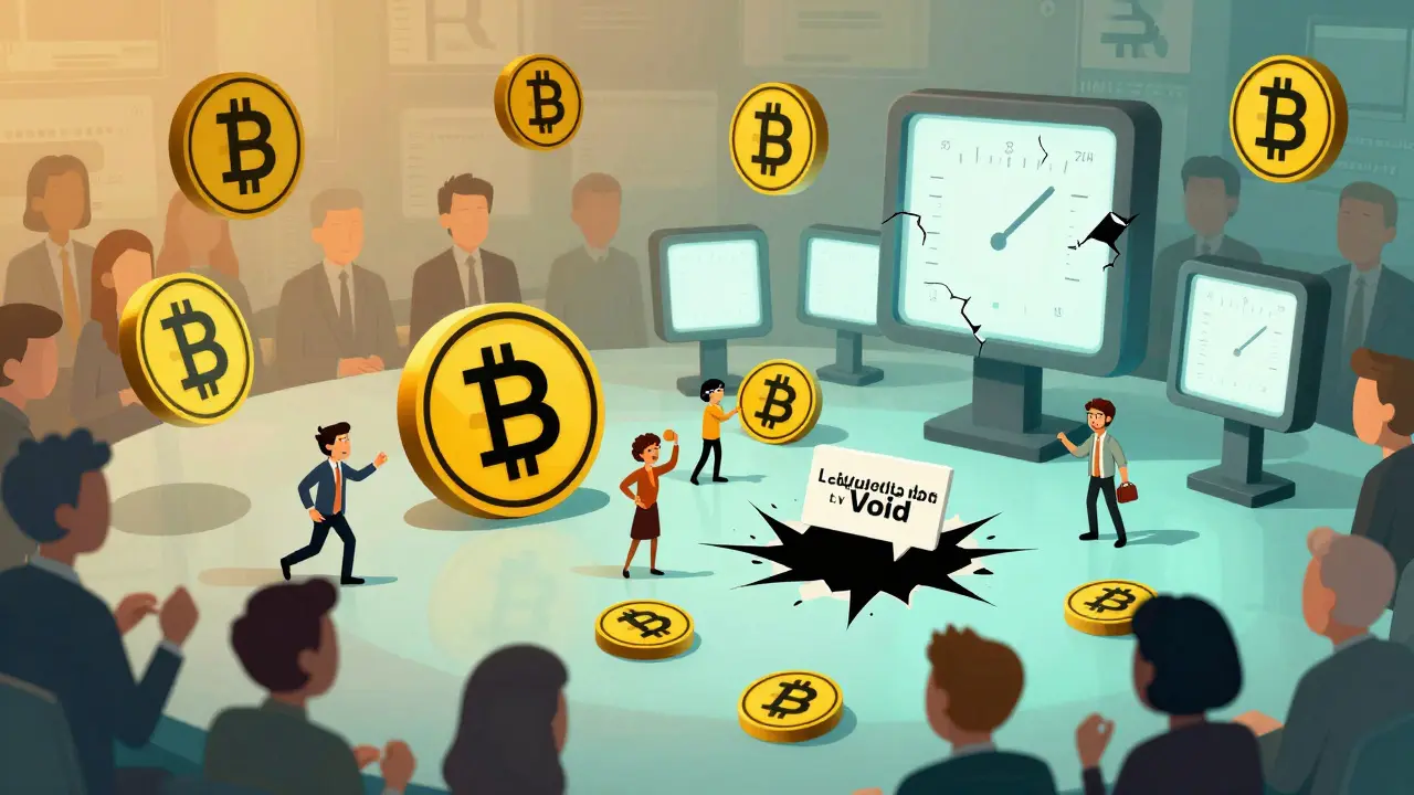 Chaotic trading scene with empty volume meters and a black hole swallowing tokens, symbolizing lack of liquidity.