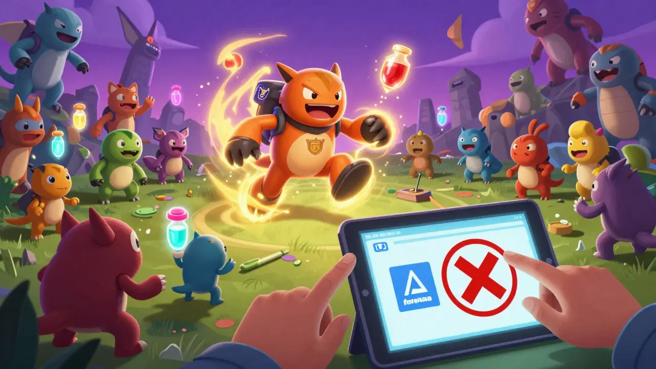 Colorful Metamons battling in a neon sky, one with a Prime Badge, while a player tries to cancel a marketplace listing.