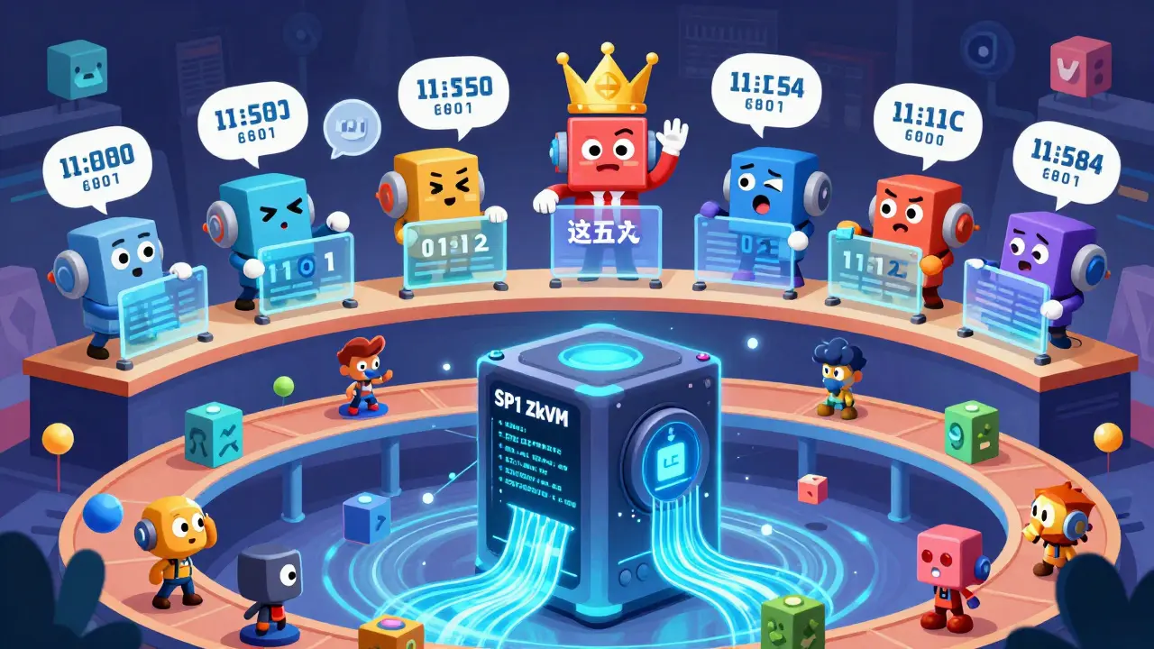 Colorful proof contest arena with quirky prover characters bidding with holograms and binary code.