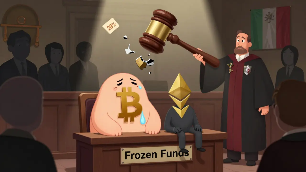 Courtroom scene with frozen crypto assets and a 20% recovery notice.