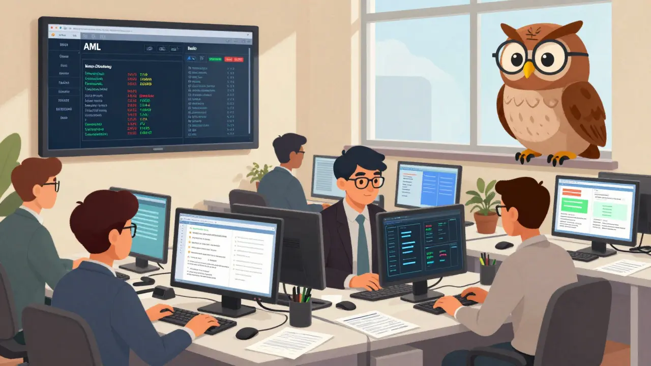 Crypto office team working under the watchful eye of a BaFin owl in vibrant cartoon scene.