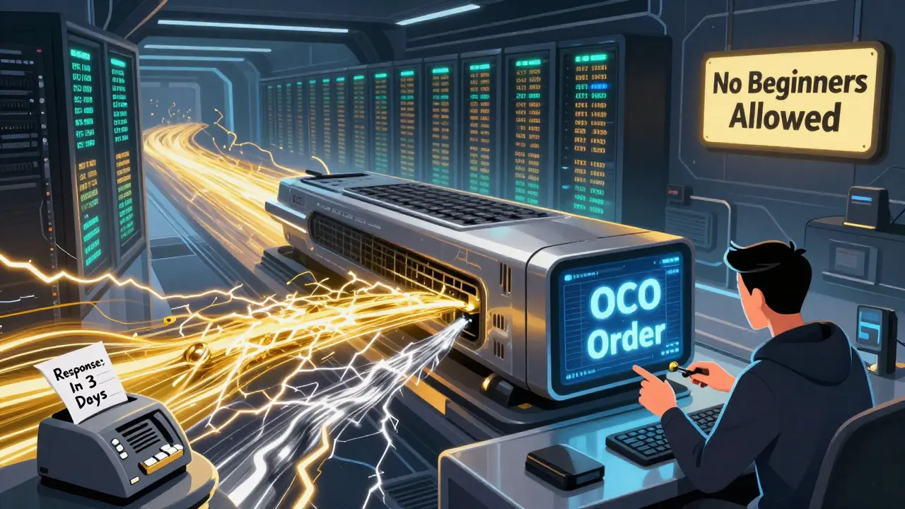 Futuristic trading engine with data streams and deep order books, a fax machine sputtering 'Response in 3 Days' in the corner.