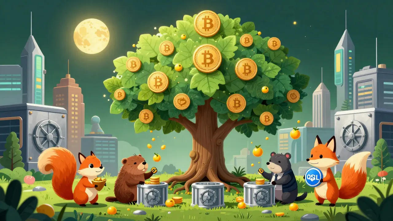 Giant Solana blockchain tree with animals collecting staking rewards in a futuristic Canadian financial park.