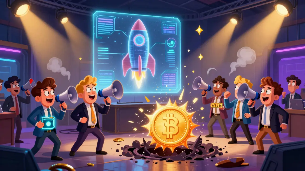 Quirky founders pitch wild tokens at a chaotic crypto launch event with exploding and sinking coins.