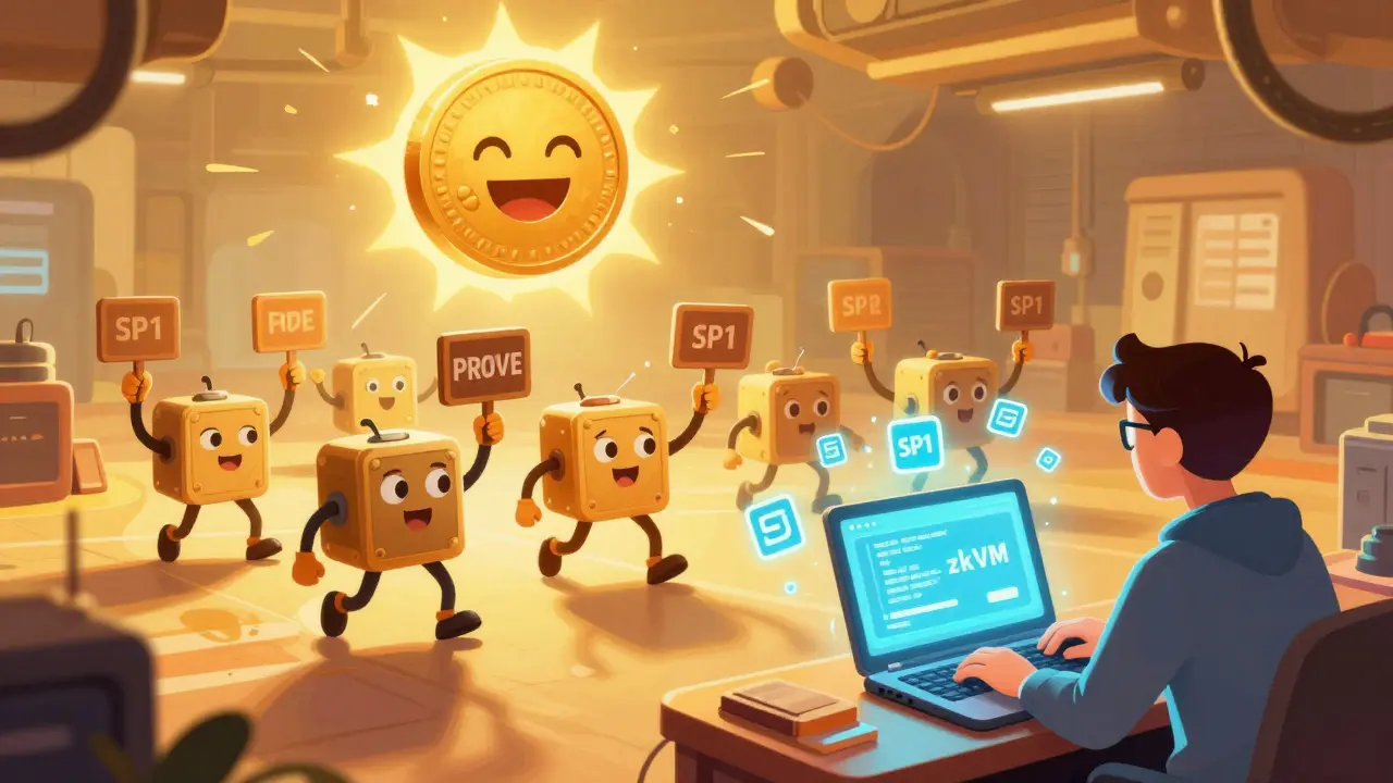 Quirky GPUs compete in a colorful auction under a floating PROVE token, while a developer writes Rust code that turns into proof symbols.