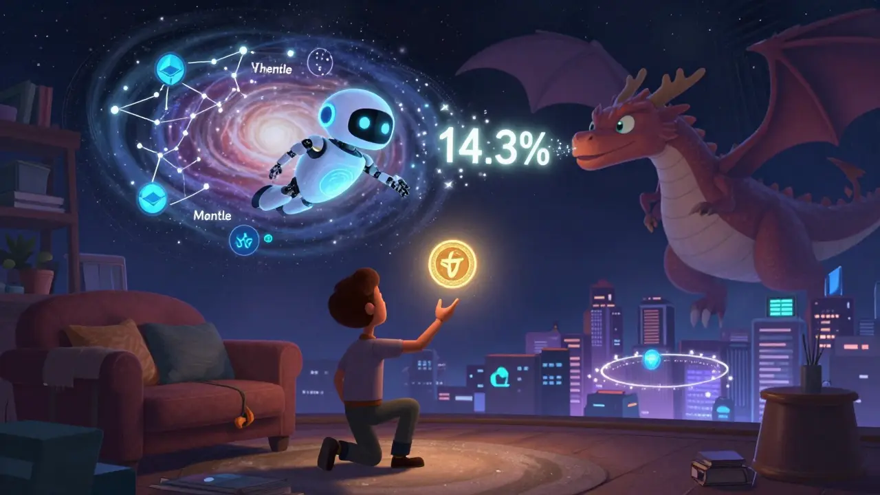 Staker delegates PROVE token to a friendly robot prover flying into a galaxy of verified blockchain proofs.