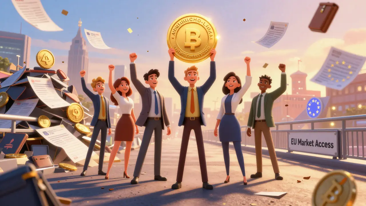 Startup team celebrates licensed status with EU market bridge and crumbling illegal tokens.