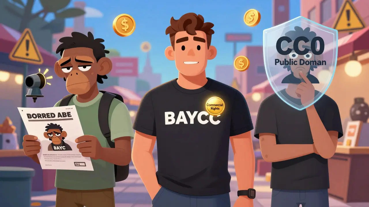 Three people interact with different types of NFT licenses: one printing illegally, one wearing merch, one hesitating with public domain art.