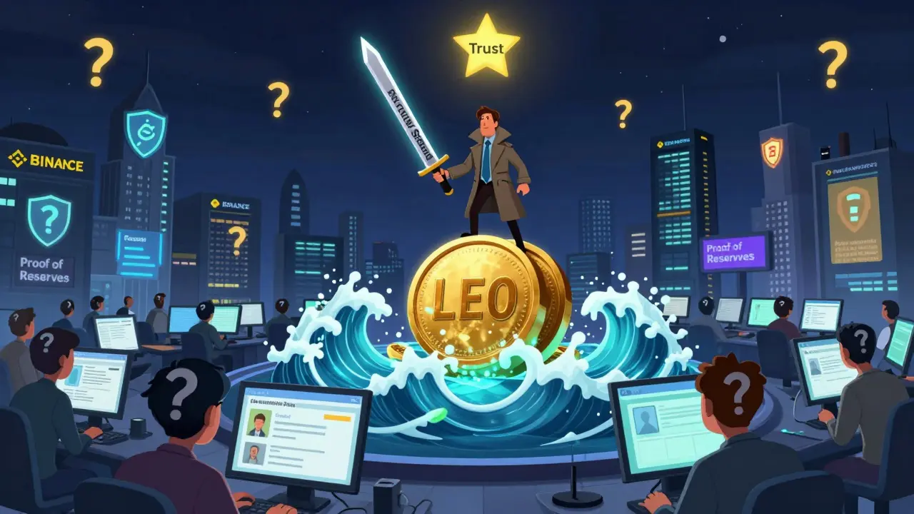 Trader atop LEO tokens wielding a sword of execution speed, while confused users struggle with slow deposits below.