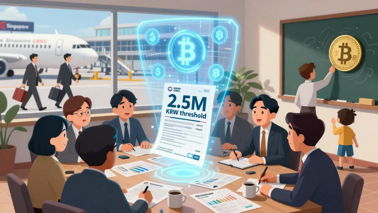 Traders calculating taxes under a glowing CBDC hologram, while developers leave for Singapore.