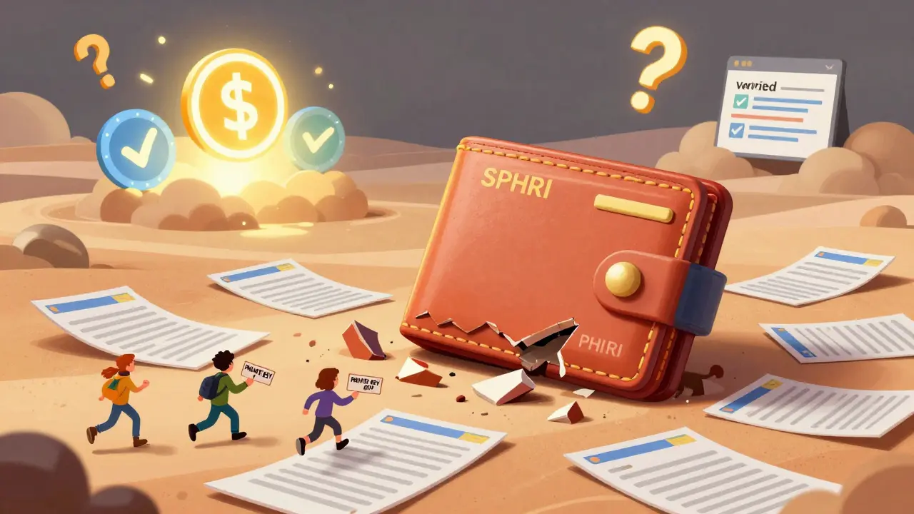 A broken SPHRI wallet lies in a desert of empty blockchains while real airdrops shine in the distance.